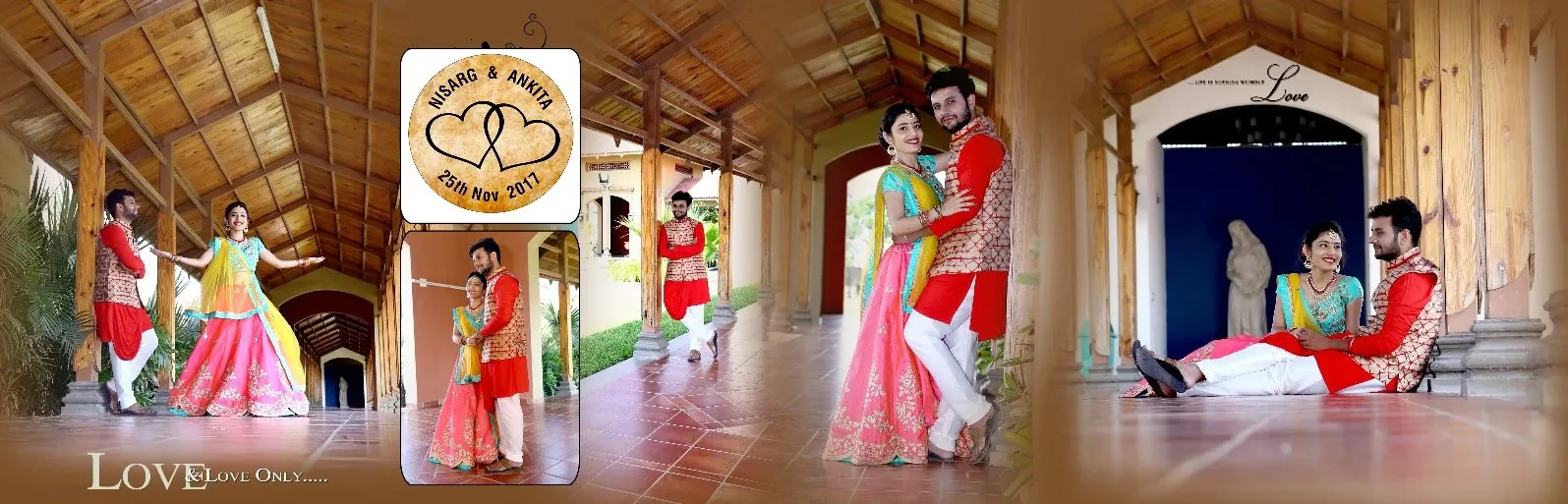 Wedding album spread of a couple in traditional outfits posing in a tiled heritage corridor