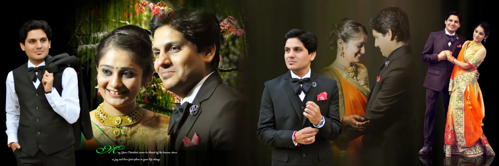 Wedding album spread with the groom in a black suit and the couple in reception outfits on a dark background