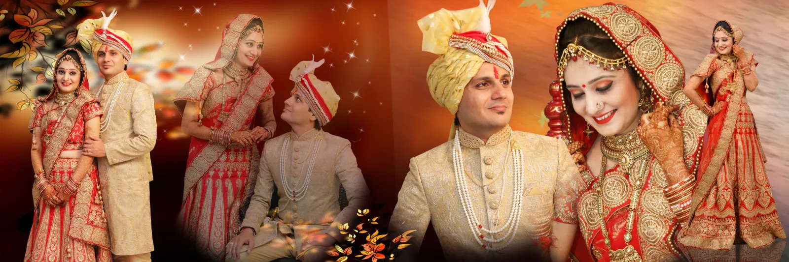 Wedding album spread with the couple in cream and red outfits on an orange background with falling leaves