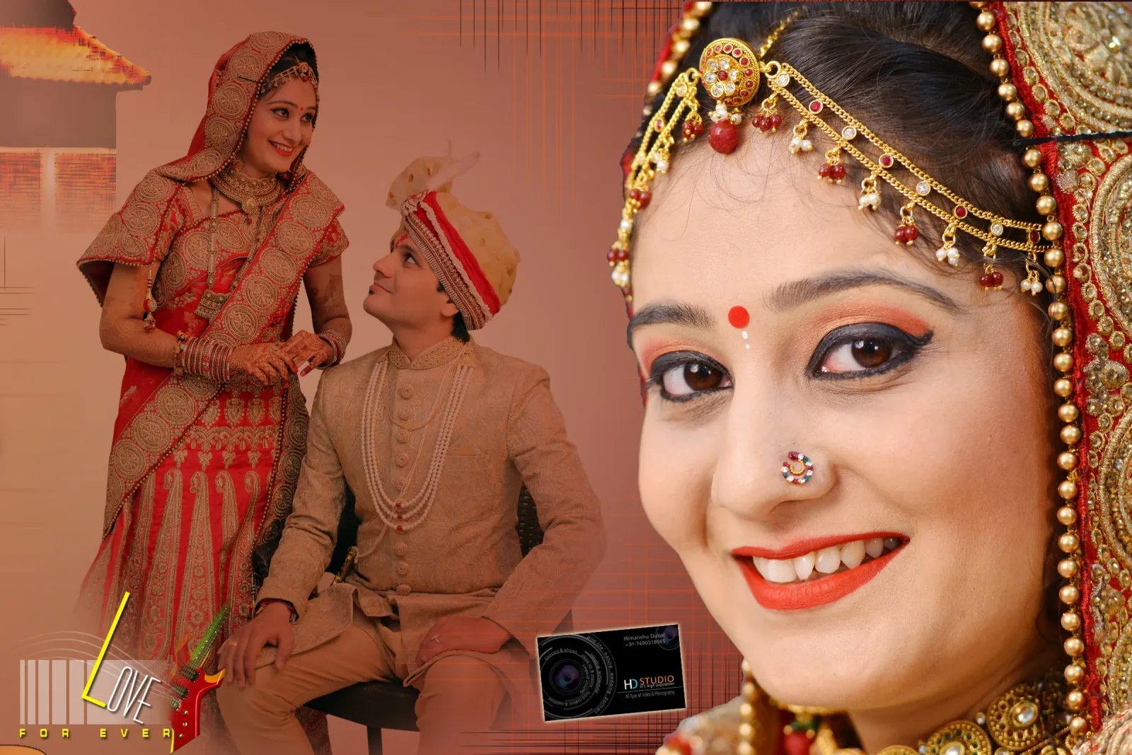 Wedding album page with a close portrait of the bride in red and gold jewellery and a smaller photo of the couple seated.