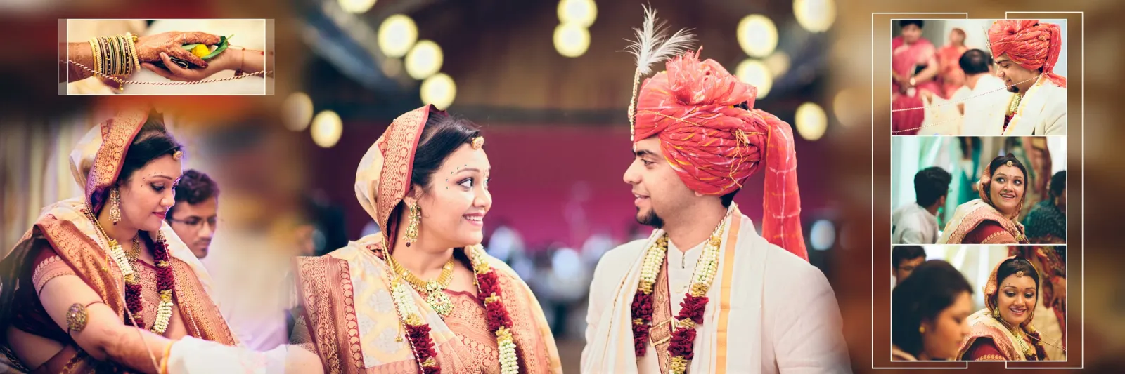 Wedding album spread with the couple smiling at each other during the ceremony and candid photos of the bride and guests