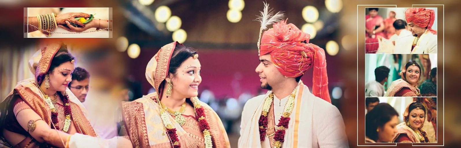 Wedding album page of a bride and groom in traditional attire during their ceremony