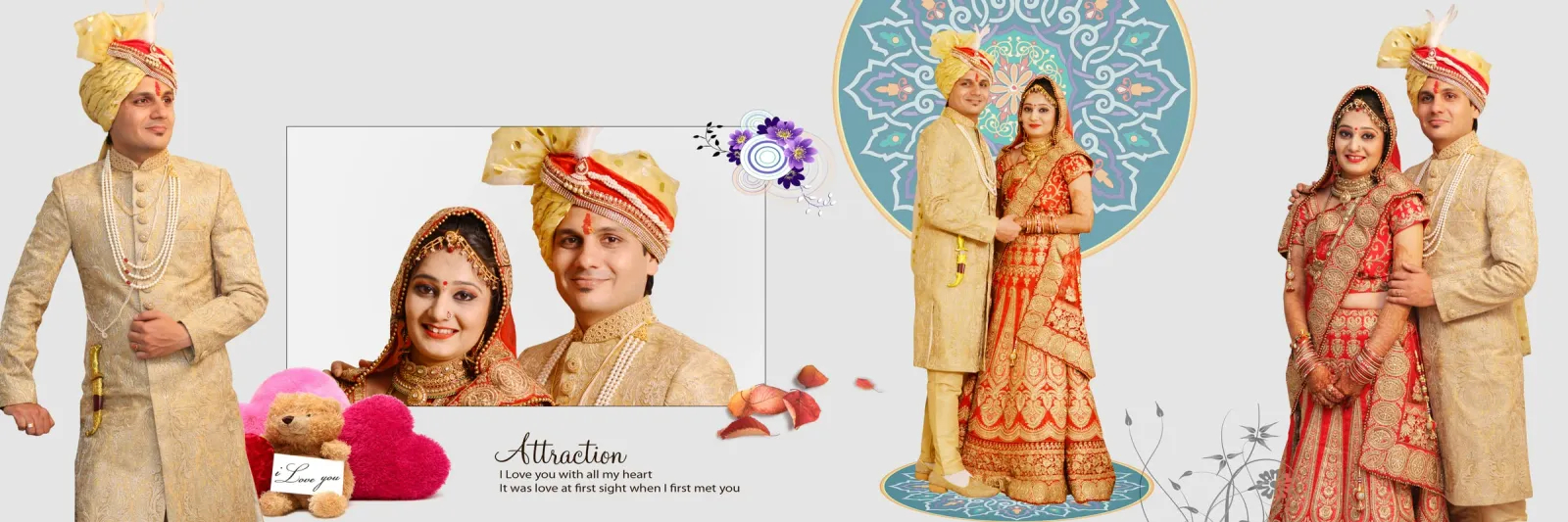 Wedding album spread with the couple in cream and red wedding outfits posed on a light background with a floral border
