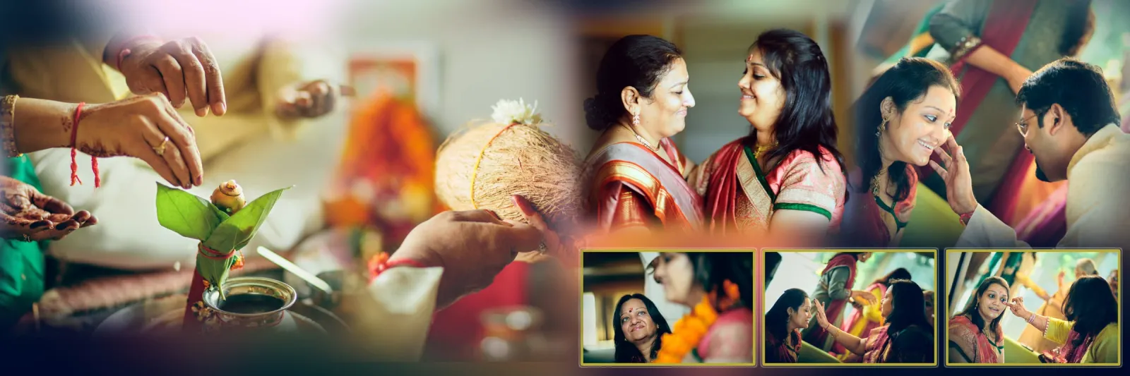 Wedding album spread with ritual hands holding a coconut and betel leaf, and a mother blessing the bride