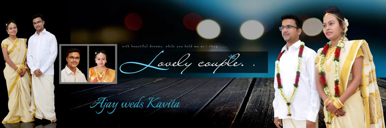 Wedding album spread with the garlanded couple in white and cream, their portraits and the words Lovely couple on a dark.