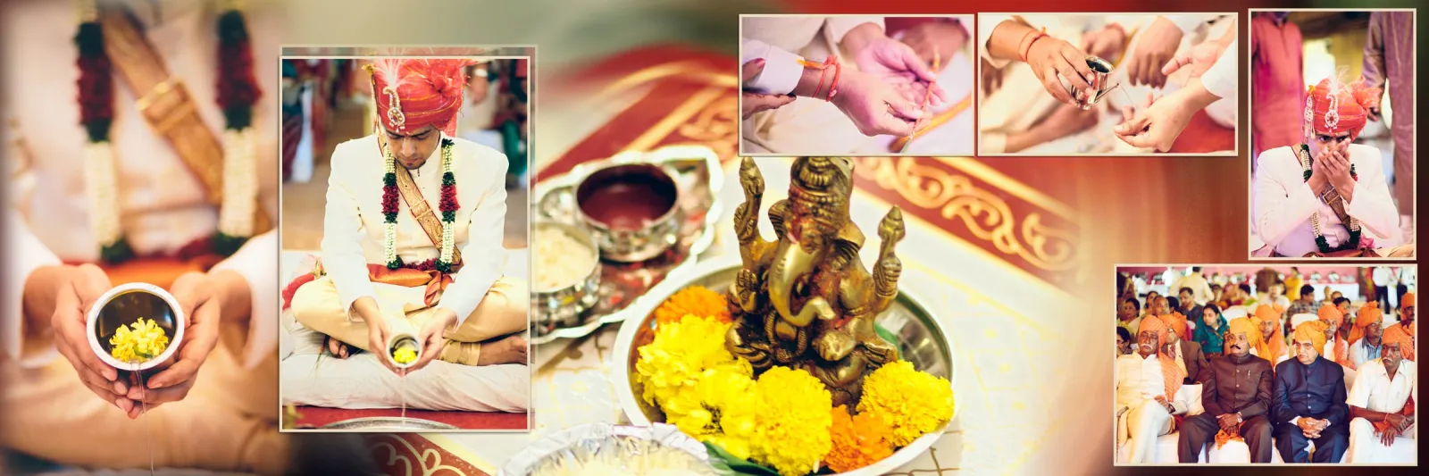 Wedding album spread of ritual details: a Ganesh idol with marigolds, hands holding offerings, the groom pouring water