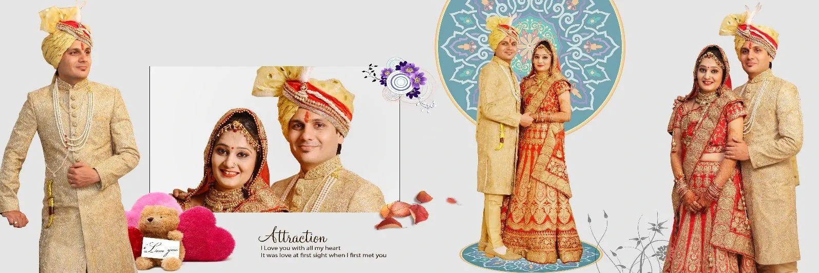 Wedding album page with studio portraits of a bride and groom in traditional Indian attire